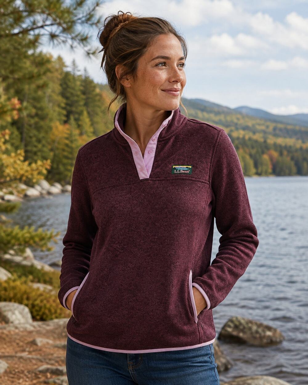 L.L.Bean Sweater Fleece Pullover Women's M Burgundy Plum Purple Pink 1/4 Snap